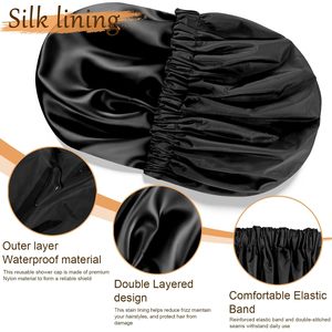Bonnets <span class=keywords><strong>de</strong></span> Douche Réutilisables en Satin <span class=keywords><strong>de</strong></span> Luxe Imperméables pour Femmes, Bonnets <span class=keywords><strong>de</strong></span> Douche à Double Couche avec Conception Élastique pour Toutes les Coiffures - Product Image 3