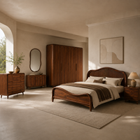 Ensemble de meubles de chambre à coucher en noyer de style moderne du milieu du siècle, lit king-size sur mesure, armoire, table de chevet, commode pour hôtel, villa, appartement