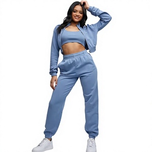 Ensemble Crop Top Tricoté Bleu à Manches Longues et Pantalon de Jogging Taille Haute Ample Couleur Unie Décontracté Toutes Saisons pour Femme - Product Image 2