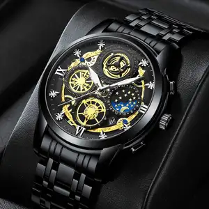 Moda oro Tourbillon quadrante nero orologi al quarzo all'ingrosso di lusso da uomo guarda personalizzato