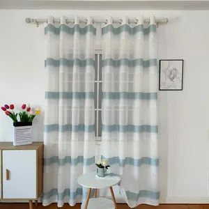 现代风格定制尺寸多色薄纱透明家居装饰材料蓝白间隔长条图案窗帘
