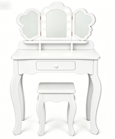 Ensemble de coiffeuse pour enfants en bois rose avec tabouret, miroir à lumière LED, 1 tiroir et étagères pour filles