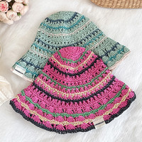 Chapeau Bob Femme en Papyrus Tressé Floral Léger Respirant Anti-UV Flatterant pour le Visage Sports de Plein Air Shopping Été