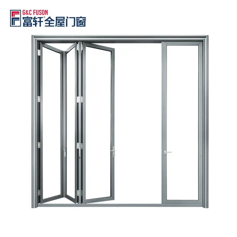 Fuson As2047 Narrow Frame Thermal Break Exterior Aluminum Double Glazed Bifold 3 4 Bi Folding Sliding Glass Accordion Door