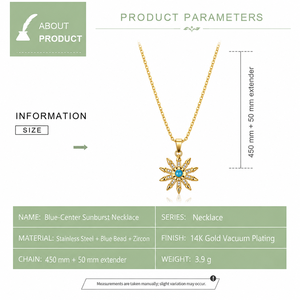 Blue Center Sunburst Necklace Stainless Steel 14K <b>Gold</b> Vacuum Plated Bead and Zircon Pendant <b>Gold</b> Silver Colors - Product Image 2