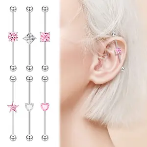 NUORO Simple 38mm Surgical Stainless Steel Barbell Heart Star Square Zircon Pink White CZ Ear Industrial Piercing