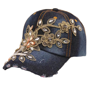 Damen Diamant besetzt Gold Wire Flower Denim Baseball Cap Modische Outdoor Sonnenschutz und Sonnenschutz Duckbill Cap - Product Image 1