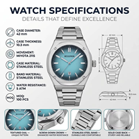 Montre de sport pour homme, boîtier octogonal de 42 mm, acier inoxydable, montre lumineuse, mouvement japonais, étanche, logo personnalisé