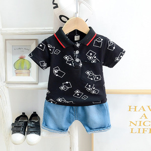 Ropa para Niños y Ropa de Algodón, Conjunto de Pantalones de Mezclilla Escolares para Niños, Conjunto de 2 Piezas con Camiseta Polo - Product Image 1