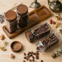Distributeur de grains de café, boîte de rangement pour thé, pot hermétique, petite bouteille en verre, couvercle en bois d'acacia massif, présentoir