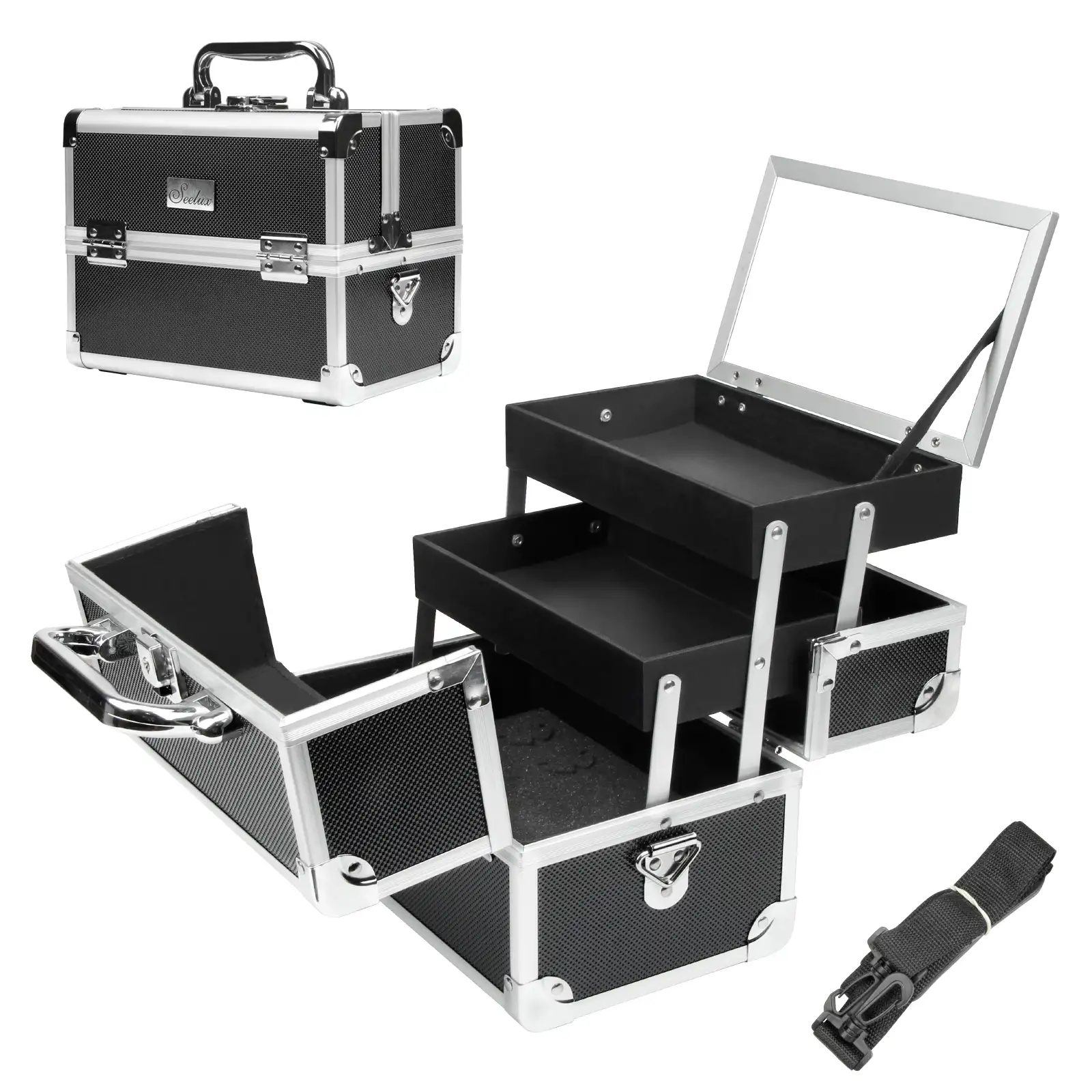 Professional top quality makeup cosmetic trolley case with mirror aluminium cosmetic storage case