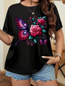 T-shirt stampata da donna taglie forti Z Threeks, con farfalle e fiori, a maniche corte, girocollo, vestibilità casual ampia, in jersey 100% cotone - Product Image 3