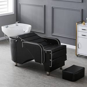 Cama de Champú Contemporánea de Cuero Sintético Resistente con Lavabo de Cerámica para Peluquería, Uso Comercial - Product Image 1