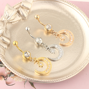 Anneaux de nombril pendantes en acier chirurgical inoxydable avec zircon cubique, barre pour piercing de nombril pour femmes et filles, bijoux de piercing corporel, or rose, argent - Product Image 2