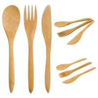 Lot de 3 couverts réutilisables en bambou biodégradable (couteau, fourchette, cuillère) pour le camping, les repas, le café et la maison