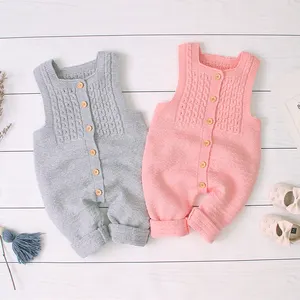 Güzel yürümeye başlayan çocuk giysileri kolsuz düğme tasarım kazak bebek romper yenidoğan bebek örme tulum