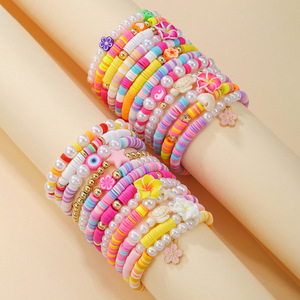 Multi Layered Beaded Polymer Clay Stacking <b>Bracelet</b> Set Bohemian Style Handmade Elastic <b>Rope</b> Jewelry For Women Spring 2025 - Product Image 1