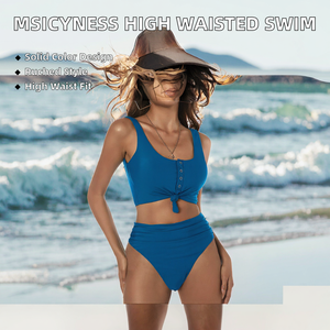Missiness Costume da bagno da donna in 2 pezzi, tinta unita, a vita alta, in spandex/nylon, con pantaloncini e slip, intimo - Product Image 2