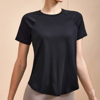Haut de sport court personnalisé pour femme avec logo, séchage rapide, maille extensible, patchwork, ensemble de yoga, t-shirt d'entraînement de course, ourlet incurvé, couleur unie 1