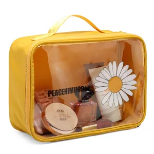 Sympathie 2023 Nieuwe Daisy Patroon Vierkant Transparant Custom Clear Pvc Kleine Make-Up Tas Reliëf Promotie Voor Vrouwen