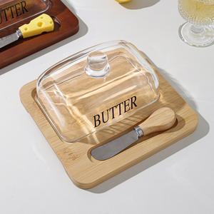 Plato de madera para mantequilla con tapa de <span class=keywords><strong>cristal</strong></span> y cuchillo, tabla para servir queso con espátula, plato cubierto para exhibir postres y repostería - Product Image 2