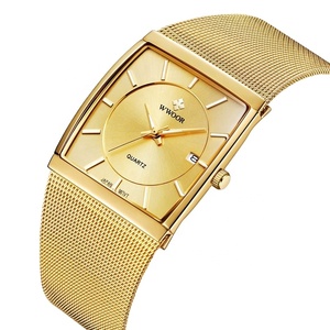 Montre-bracelet à quartz pour homme, cadran carré, bracelet maille, affichage calendrier, étanche, lumineuse, style affaires et décontracté, couleur or, vente en gros - Product Image 1