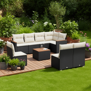Ensemble de canapés en rotin noir pour l'extérieur avec coussins en mousse haute densité, mobilier de jardin contemporain, design imperméable - Product Image 2