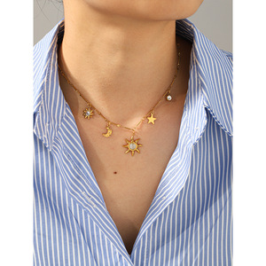 Colliers tendance et créatifs en acier inoxydable plaqué or véritable 18 carats avec pendentifs géométriques Lune, Étoile, Soleil pour filles, résistants au ternissement - Product Image 2