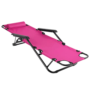 Outdoor <b>Folding</b> Chaise Lounge Chair with Portable Tanning Chair Adjustable Reci Beach Chair Pink Oxford Cloth <b>Bed</b> Sun Lounger - Product Image 1