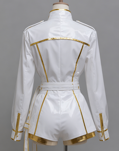 Costume de scène K-Pop pour <span class=keywords><strong>femme</strong></span> East Costume, combinaison en cuir verni blanc et or avec manches transparentes, en stock - Product Image 6