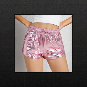 Hot Sale Womens Vintage <b>Elastic</b> Waist Skinny Shiny Bright Pocket Hip-hop Booty Shorts Slim Lace up Dance Outfits - Product Image 3