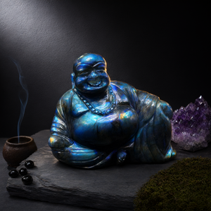 Labradorite Laughing <b>Buddha</b> - handmade carving of serene and smiling <b>Buddha</b> or Hotei A One-of-a-Kind Spiritual Masterpiece - Product Image 3
