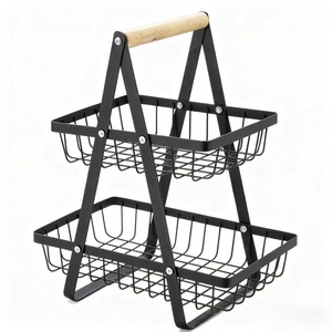 Multi Layer Metal Fruit <b>Basket</b> With Wooden Handle Portable <b>Storage</b> Rack For Snacks And Fruits Rectangle Standing Type - Product Image 1