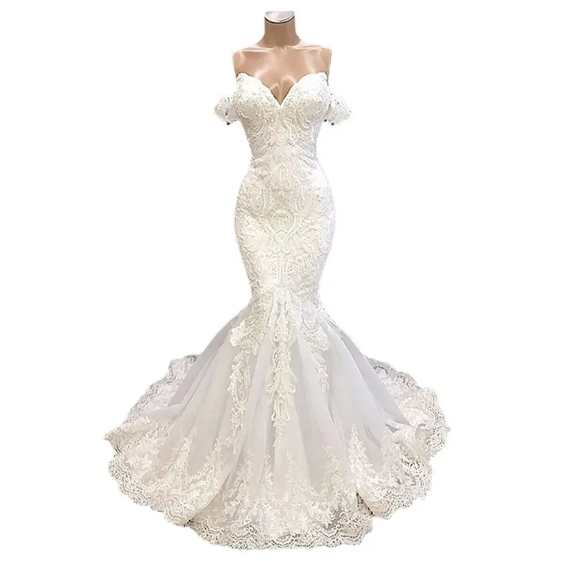 Lace Appliques Beading Lace Up Bridal Gown Sheath Wedding Dresses with Sweep Train