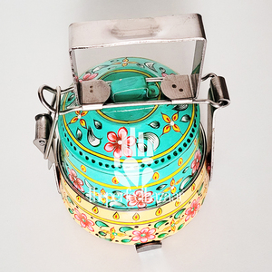 Luxury Stainless Steel Tiffin Box Hand Painted Design Heatable & <b>Portable</b> Dual Tier 2-Compartment - Product Image 4