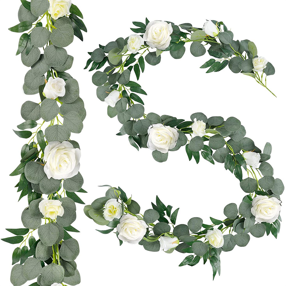 Artificial  Eucalyptus  Garland with Willow Leaves rose flower for Wedding Party Home Decoration