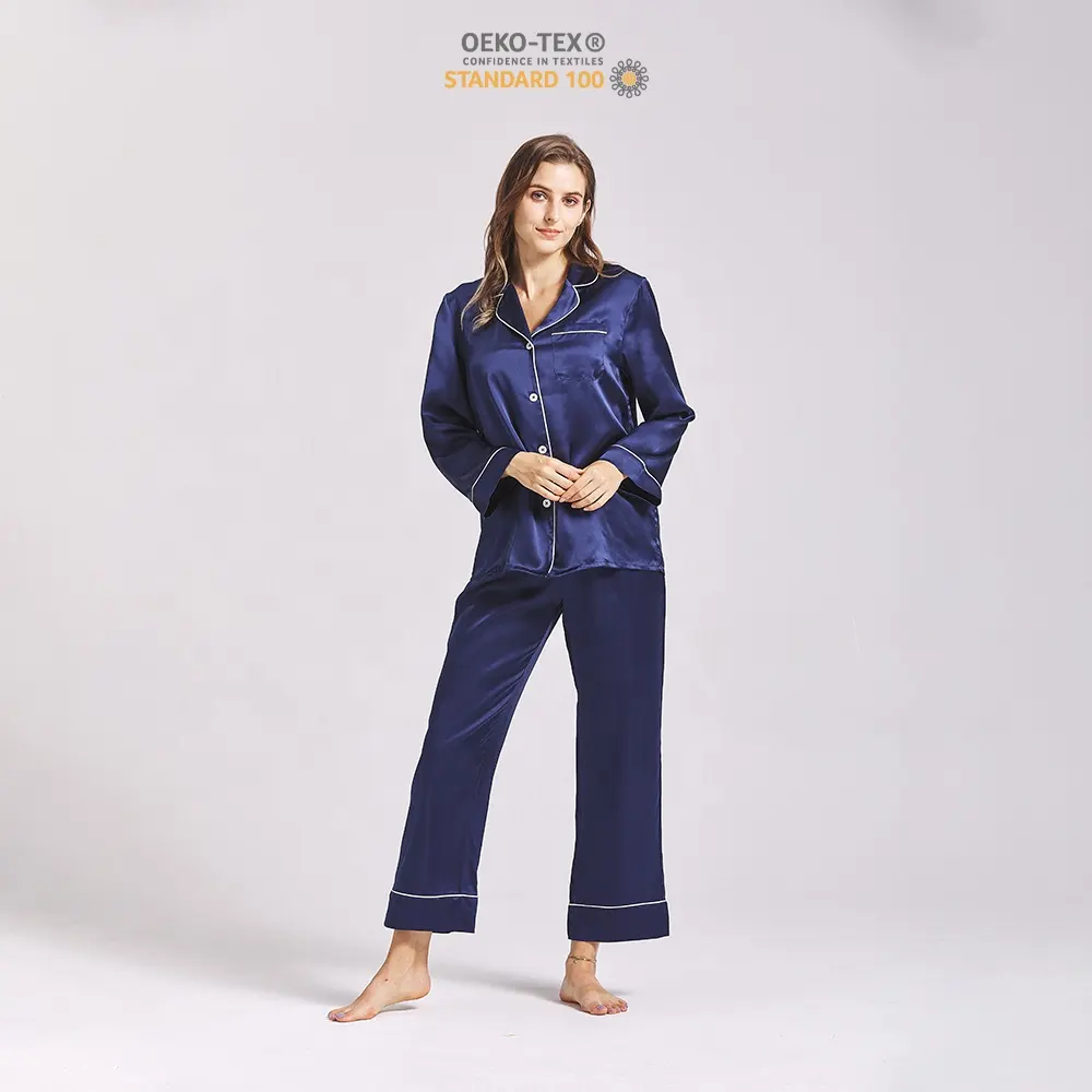 Pijama de seda orgánico para mujer, ropa de dormir con logotipo personalizado, azul marino, cintura elástica, cuello en V, 100%