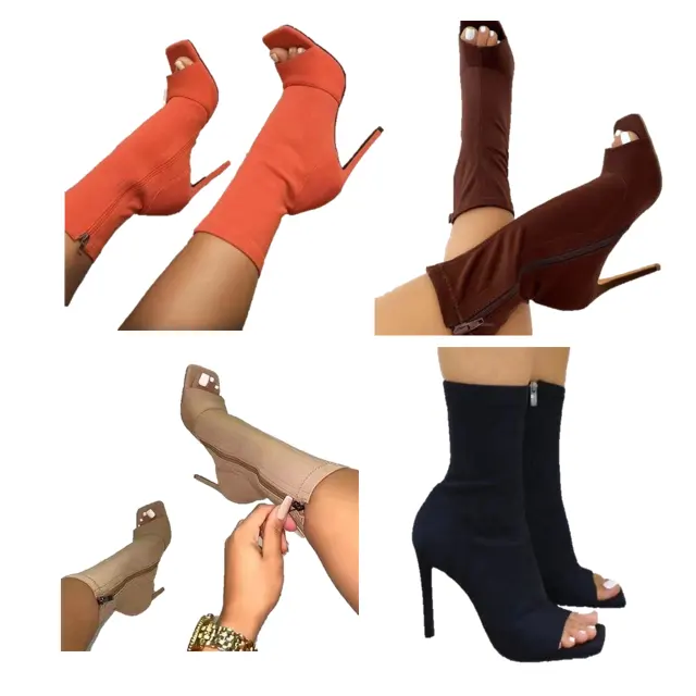 Botas de baile de tacón alto para mujer, zapatos de salón de tela elástica con punta abierta, zapatos de baile latino de suela blanda para fiesta