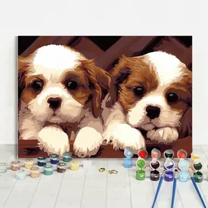 Zwei Nette Cub Hund Tiere Handgemalte Zeichnung DIY Acryl Malerei Für Wohnkultur