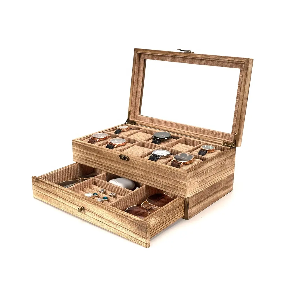 Organizzatore di orologi con Display a 10 Slot in legno massello e vetrina per orologi in legno di lino morbido