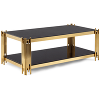 Table basse rectangulaire moderne en acier inoxydable avec base dorée et dessus en verre noir