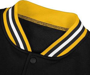 Custom Logo Black <b>Bomber</b> <b>Jacket</b> Men Varsity <b>Baseball</b> <b>Jacket</b> Contrast Stripe Ribbed Trim Knitted Casual Outerwear for Brands - Product Image 4