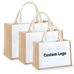 Grosir tas Shopper Hessian kustom dicetak besar alami ramah lingkungan goni Shopping Tote tas pantai dengan logo