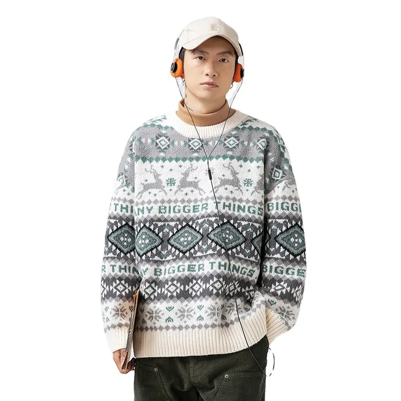 OEM свитер На Заказ Жаккардовый свитер с круглым вырезом модное свободное вязаное пальто в этническом стиле