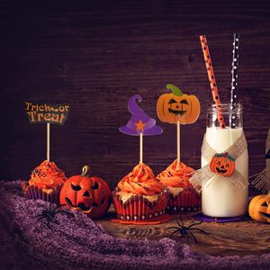 Decorazioni per Cupcake di Halloween Jimao con Cappello <span class=keywords><strong>da</strong></span> Strega, Pipistrello, Zucca, Ragno e Fantasma, Confezione <span class=keywords><strong>da</strong></span> 100 Stuzzicadenti, Decorazioni Alimentari con Scritta 'Trick or Treat' - Product Image 3