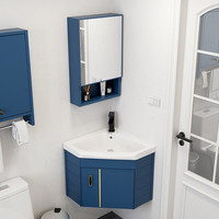 Meubles de salle de bain d'angle triangulaires en aluminium, unités de lavabo murales avec comptoir en pierre, lavabo bleu marine moderne pour petite salle de bain