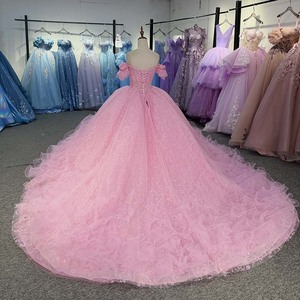 Robe de bal de Quinceañera rose bonbon à volants Dy6984, avec corsage perlé en forme de cœur et jupe superposée en mousseline, tulle et organza - Product Image 6