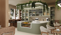 Meubles de magasin de bonbons tendance, design moderne, vitrine de café en verre, comptoir de boulangerie personnalisé en bois, bar