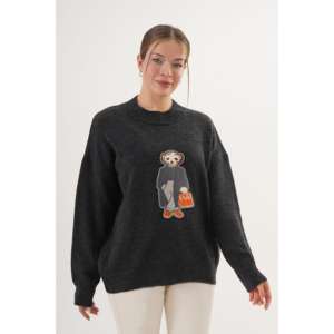 Pull à col rond brodé Teddy Bear pour femme, anthracite, tricot 14 Gg, anti-boulochage, style décontracté - Product Image 3