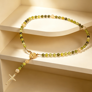 Collier chapelet en pierre naturelle avec pendentif croix médaille Vierge Marie plaqué or, bijoux de prière catholique pour femme - Product Image 2